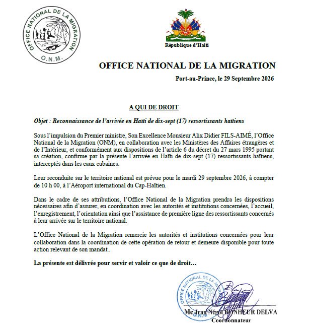A QUI DE DROIT : Objet : Reconnaissance de l’arrivée en Haïti de dix-sept (17) ressortissants haïtiens